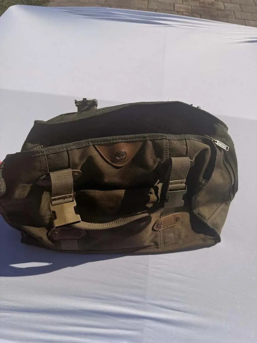 Adolfo Green Canvas Duffle Travel Bag with Plaid Lining and Leather Trim